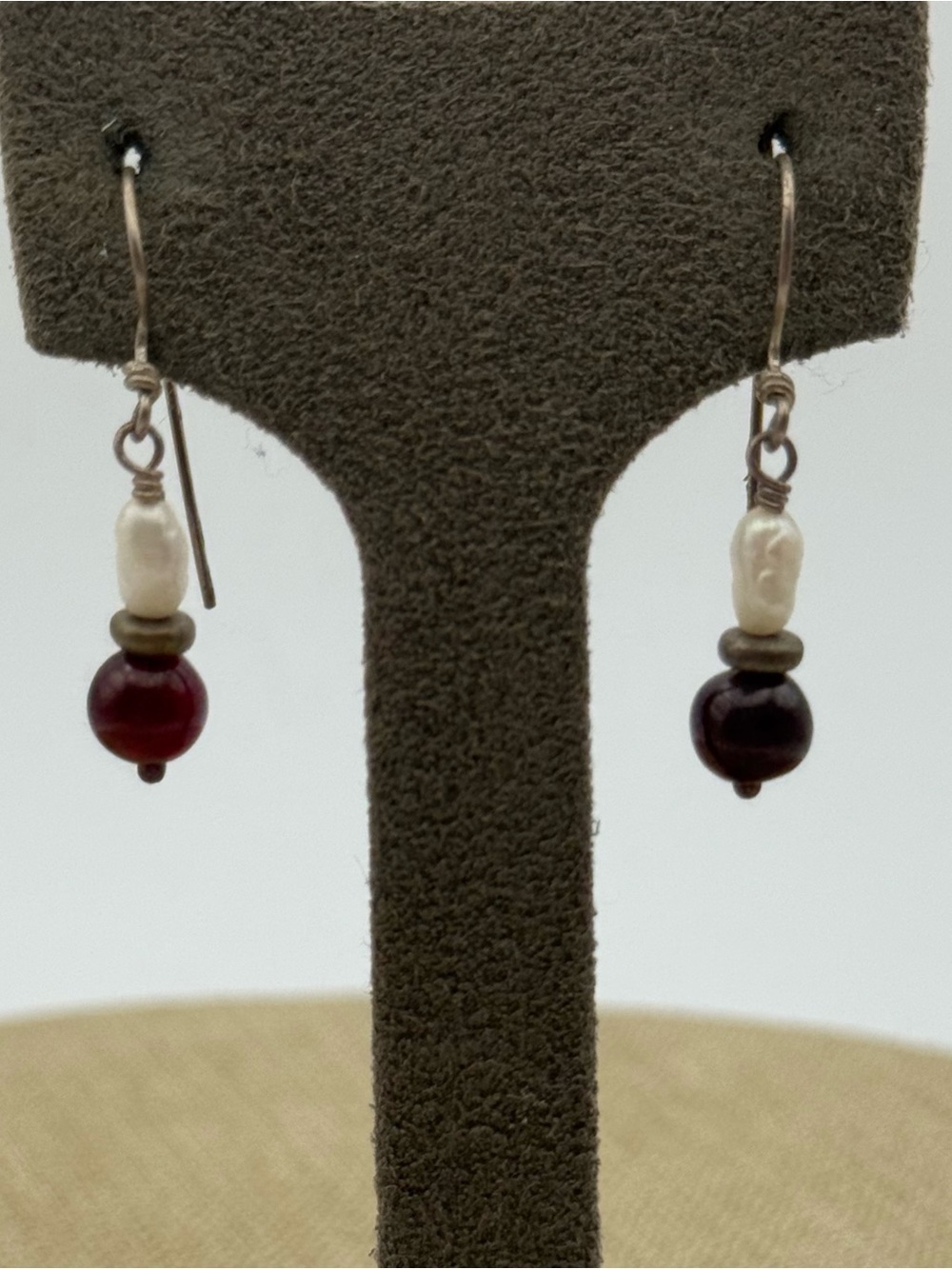Sterling Silver Pearl and Garnet Bead Drop Earrings - White and Deep Red